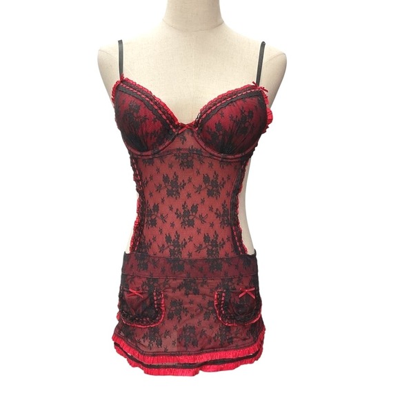 Victoria's Secret Y2K French Maid Apron Lace Lingerie 34BRed Black Bow‎ Pockets - Picture 1 of 13